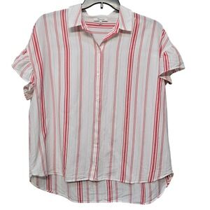 Madewell Shirt Top Button Up Size XL Oversized‎ White Red Stripe Ruffle Flutter